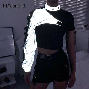 Heyoungirl Reflekterande One Shoulder Top Harajuku Punk Långärmad T-shirt Kvinnor Oregelbunden lastskiva Topp T-tröja Damgata X0628