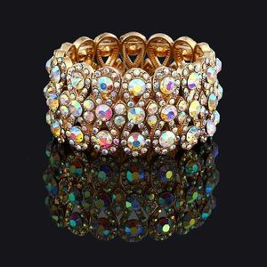 Wedding Jewelry Luxury Full Crystal Rhinestones Gold Color Bracelets for Women Bride Stretch Rope Wide Bracelet Bangles Q0717