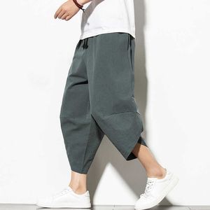 Lato Bawełniane Spodnie Harema Mężczyźni Casual Hip Hop Spodnie Sznurek Cross Bloomers Spodnie Długość łydki Joggers Streetwear X0723