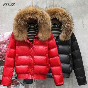 FTLZZ Vinter Real Raccoon Fur Down Jacket Kvinnor Hooded Slim White Duck Kort Parkas Kvinna Black Khaki Snö Outwear Coat 210923