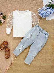 Baby Dobby Mesh Panel Panel Top Ripped Raw Set Jeans Lei