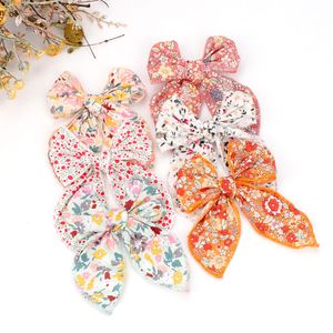 New 4inch Curled Edge Floral Prints Hair Bow Hair Clips,Kids Cotton Bows Hairpins,Baby Girls Boho Headband Headwear