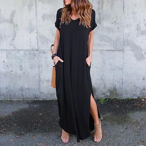 Frauen Casual Lose Tasche Lange Kleid Vintage V-Ausschnitt Sommer Kurzarm Lange Kleider Solide Femme T-Shirt Maxi Kleid X0521