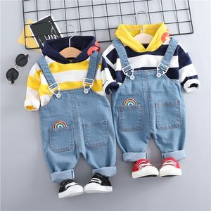 Çocuk Erkek Kız Giyim Setleri İlkbahar Sonbahar Çizgili T-Shirt + Askı Kot Çocuk Giysileri Toddler Boys Kıyafetler 210309