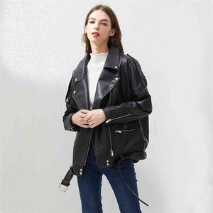 Fitaylor pu faux läderjacka kvinnor lösa ramar casual biker jackor outwear kvinnliga toppar bf stil svart läderjacka coat 210916