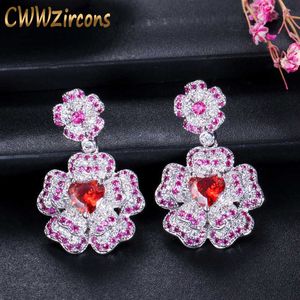 Elegant Design Silver Color Heart Shape Red White Cubic Zirconia Flower Drop Earrings for Women Jewelry Gift CZ125 210714