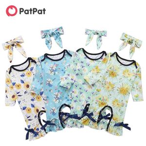 Lato 2-częściowy Baby Floral Print Długi rękaw Bow Kombinezon i zestaw opaski na głowę 210528