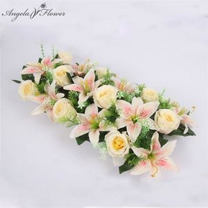 High-grade silk artificial flower row arch wall lily high imitation rose DIY wedding road lead party Christmas decor 210706