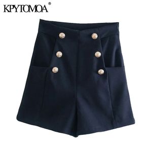 Kpytomoa kvinnor chic mode med metall knäppta bermuda shorts vintage hög midja sida dragkedja kvinnliga korta byxor mujer 210719