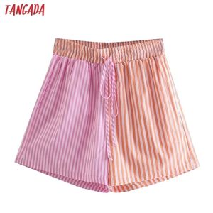 Tangada Kvinnor Vintage Rosa Striped Shorts Strethy Waist Fickor Kvinna Retro Casual Pantalones QJ157 210724