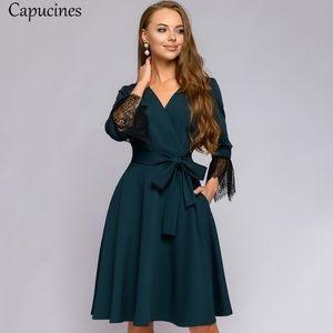 Capucines Elegante Spitze Nähte V-ausschnitt Frau Kleid Herbst Handgelenk Ärmel Schärpen Taschen Casual Kleider Für Frauen Büro Tragen 210226