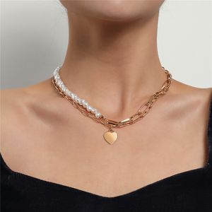 Multilayer Unique Imitation Pearl Chain Necklace For Women Personality Glossy Love Heart Pendant Choker Par Smycken