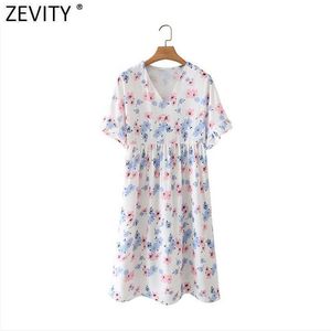 Zevity Frauen Süße V-ausschnitt Blumen Druck Casual Mini Shirt Kleid Weibliche Chic Falte Schmetterling Hülse Kimono Vestido DS8357 210603