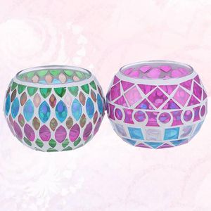 Candle Holders 2pcs Mosaic Holder Retro Round Glass Candlestick Tealight Ornaments (Rhombus And Colorful Salix Leaf)