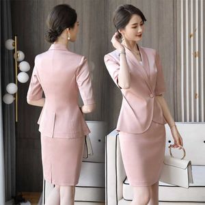 Elegant pink lady professional suit Summer fashion ladies jacket feminine skirt Two-piece high-quality 210527