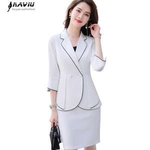 Fashion Women Formal Suit Summer White Temperament Half Sleeve Blazer and Skirt Office Ladies Business Work Wear 210604