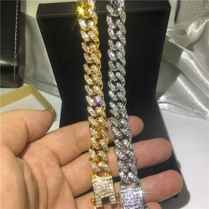 Vecalon cuban Hiphop Bracelet Pave Crystal Cz White Yellow gold filled iced out Bracelets for women men Rock Party Jewelry