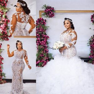 Plus Size White Lace Mermaid Wedding Dresses With Detachable Long Sleeves Beaded African Bridal Gowns Sweep Train Robe De Mariee