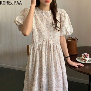Korejpaa donne vestito estate estate coreano chic francese retrò o-collare rotto fiore sciolto indietro papillon con manica bolla vestido 210526