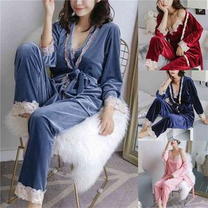 Sonbahar Kış Sıcak Pijama Set Kadınlar Uyku Derin Altın Kadife Seksi Homewear Pijama Pijama S Uzun Pantolon Robe Gecelik 210901