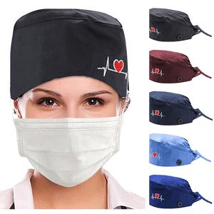 Bordado beanie coração forma algodão ajustável enfermeira bonés cirúrgicos mulheres veterinários pet shop scrub chapéu dentista dentista à prova de poeira