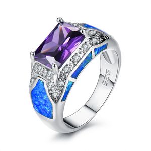2021 Moda Kobieta Błękitny Biały Ogień Opalowy Pierścień Srebrny Kolor Purpurowy Rainbow Kamień Pierścionki Kobiety Biżuteria ślubna