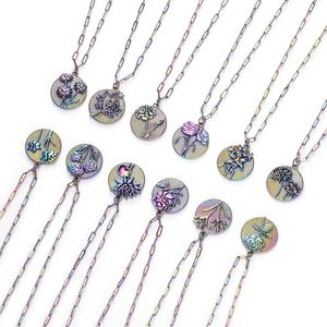 Pendant Necklaces 2021 Colorful Birth Month Flower Round Oval Cross Chain Zinc Alloy Necklace For Women Ladies About 46cm-1 Piece