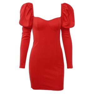 Casual Dresses Fashion Women s Red Pleated High Street Party Sexy Dress Female Knitted Wide Square Collar Puff Sleeve One step