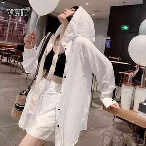 Casual White Two Piece Set For Women Hooded Long Sleeve Coats High Waist Shorts Sun Protection Suits Female Fashion 210531