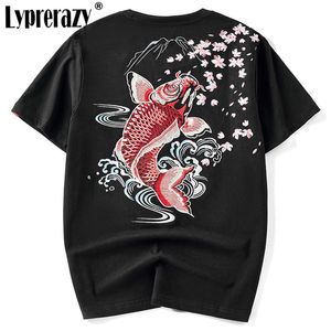 カジュアル刺繍Tシャツ中国風夏鯉オリジナルブランドコットンカジュアルメンズティーシャツトップス