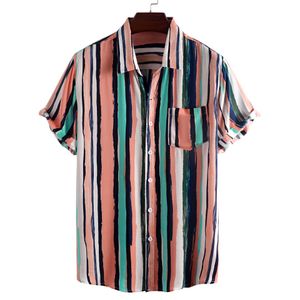 Mode Hawaiian Shirt Mens Graffiti Striped Tryckt Kortärmad Rosa T-shirts Män Koreanska Kläder 210527
