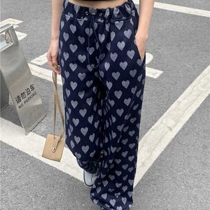 Hzirip 2021 Printing Heart Elastic Waist Wide Leg Pants Drape Straight Casual Pants Loose Fashion All-Match Autumn Women Q0801