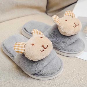 Winter Cute Cartoon Bear Girls Slippers Children Painted Plush Home Warm Kids Comfortable Cotton s904 210712