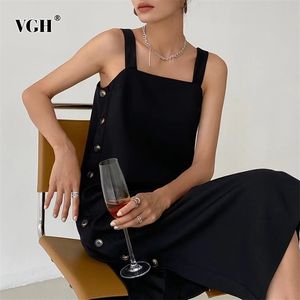 Black Sexy Sling Dress For Women Square Collar Sleeveless Patchwork Button Midi Dresses Female Summer Fashion Clothing 210531