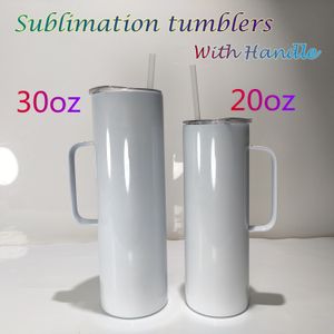 Süblimasyon tumbler kolu ile 20 oz 30 oz boş parlak tumblers mühürlü kapak paslanmaz çelik seyahat kupalar çift yalıtımlı taşınabilir su kola çay içme şişeleri