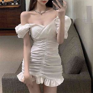 Faltenkleid Sommer Frauen Prinzessin Stil Mini Party Elegant V-Ausschnitt Slim Weiß Schwarz Koreanische Chic Kurze Puffärmel 210529