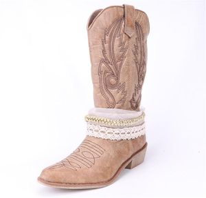Kvinnor pu läder knä hög boot cowboy cowgirl stövlar med spets och kedja dekoration västerländska skor motorcykelstövlar