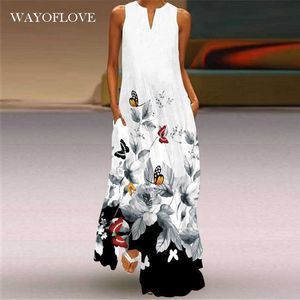 Wayoflove Summer Beach Vintage Dress White Casual Plus Size Długie Suknie Kobieta Party Bez Rękawów Dziewczyna Luźna Maxi Sukienka Kobiety 210602