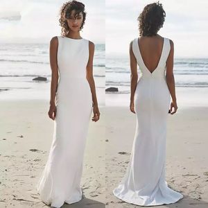 Enkel Bohemian White Mermaid Bröllopsklänningar Sexig Öppna Back Ärmlös Lång Satin Brudklänningar Sommar Kvinnor Bride Reception Dress 2022