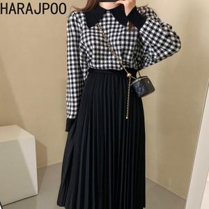 Suéter das Mulheres Harajpoo Feminino Manta Coreana 2021 Outono Vintage Desligado Collar Knitwear Pulôver Longo Saia Plissada Terno Mulheres