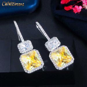 Marka Najwyższej jakości musujące żółty Topaz Cyrkonia Kwadrat Dangle Drogi Hak Kolczyki dla Kobiet Fine Jewelry CZ244 210714