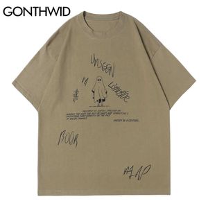 Gonthwid Tshirts Streetwear Casual Gothic Punk Rock Cartoon Devil Print Short Sleeve T-shirts Bomull Hip Hop Harajuku Tees Toppar 210629