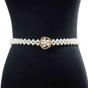 Pearl Belt 2CM Wide Wooden Buckle Women's Thin Belt Rhinestone Inlaid Decorative Elastic Body Wedding Party Chain Bg-1241 G220301