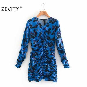 Zevity Women Vintage V Neck Flower Print Plisowane Slim Mini Dress Kobieta Z Długim Rękawem Vestido Chic Powrót Suknie Zipper DS4505 210603