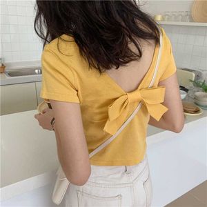 Toppar Tees Sommar O Neck Kortärmad Bomull T-shirts Kvinnor Koreansk stil Chic Bow Backless Tshirts Mujer Camisetas Sexig Wild 210610