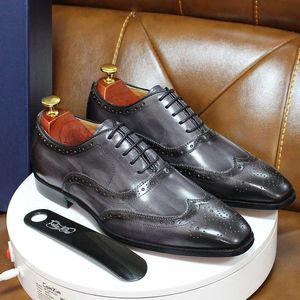 Size Handmade Mens Wingtip Oxford Shoes Grey Genuine Leather Brogue Men s Dress Shoes Classic Business Formal Shoes for Men