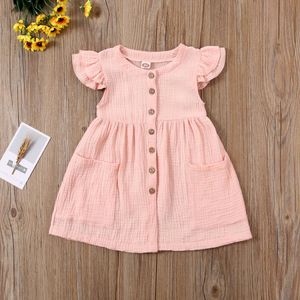 1-6y verão adorável crianças meninas vestido sólido ruffles manga botão A linha joelho comprimento vestido q0716