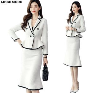 Kvinnors formella Tweed Skirt Suit for Women and Jacket Set 2 Piece Office Lady Clothes Winter Black White Blazer With S 220302