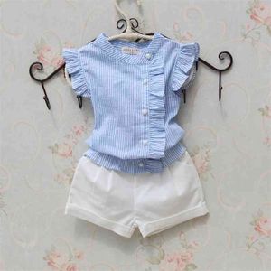 Camicetta da bambina Camicia estiva a righe in cotone Camicie casual senza maniche con bottoni per vestiti per neonati 210622