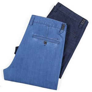 Högkvalitativa män raka denim kostym byxor affärer casual mode lösa rakben jeans manliga sommar märke tunna byxor 210531